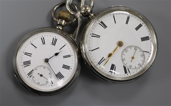 A late Victorian silver keywind pocket watch by J & E Rhodes, Kendal and one other white metal pocket watch.